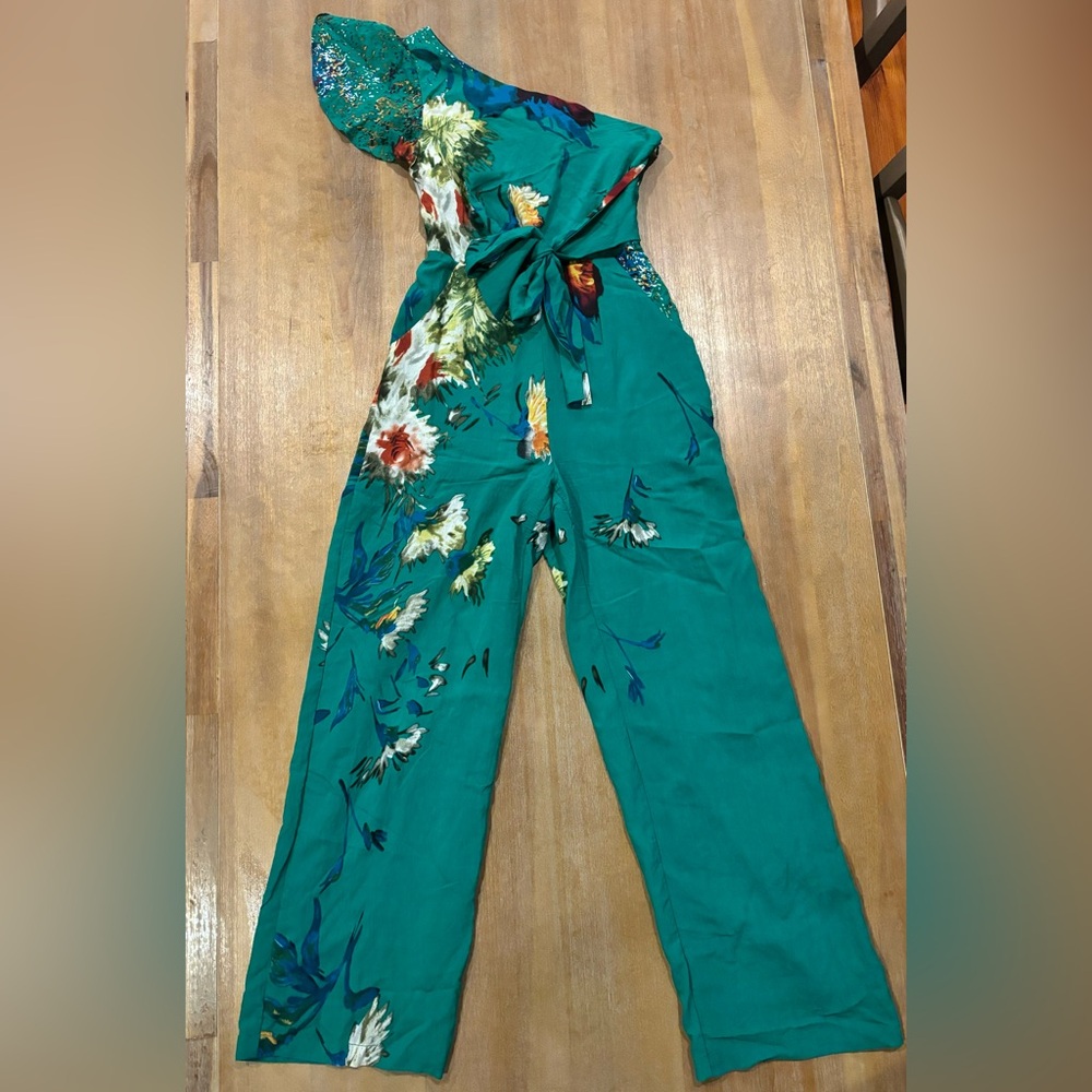 Anthropologie Floral One Shoulder Jumpsuit